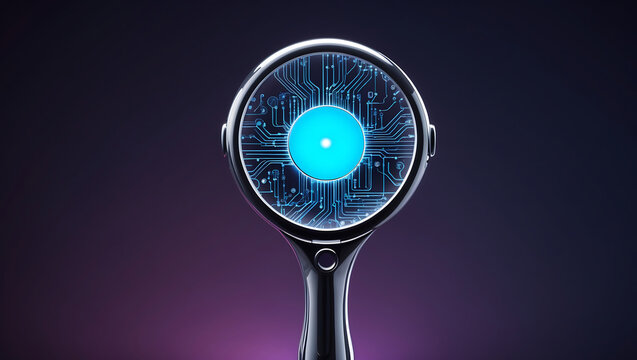 Futuristic magnifying glass with glowing artificial intelligence eye in a digital concept.
