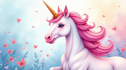 Fototapeta premium a gentle watercolor illustration of a magical unicorn with a flowing mane, in soft pastel colors and dusty shades, fairy tale style for girls, delicate textures, dreamy and tender mood, subtle sparkle