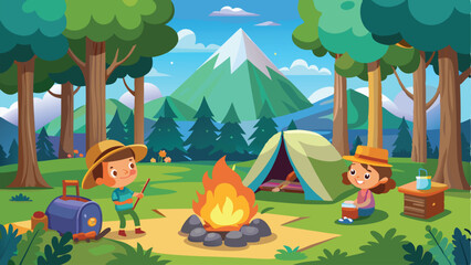Cartoon Children Camping with Bonfire, Tent, and Mountain View Landscape Illustration