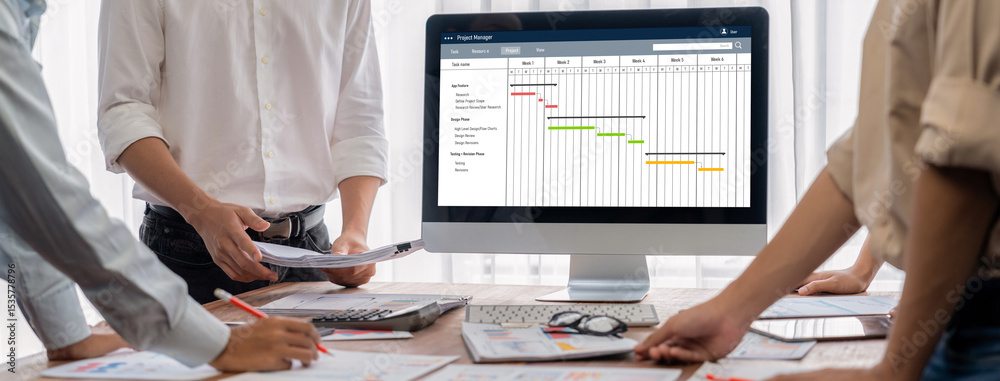 Poster project planning software for brisk business project management on the computer screen showing timel