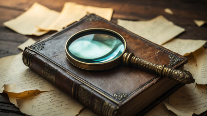 Vintage leather bound book magnifying glass and antique papers on wooden table