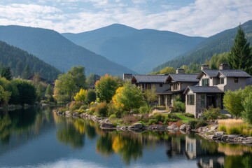 Obraz premium Scenic mountain home lake view on white background