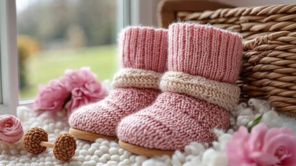Pair of knitted baby booties, light pink color with cream accents, placed on a white textured surface, surrounded by pink roses and a wicker basket, displayed near a window
