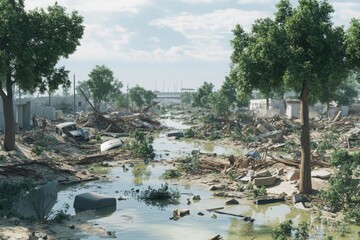 An ultra realistic scene depicting natural disaster aftermath and environmental damage in a natural environment.