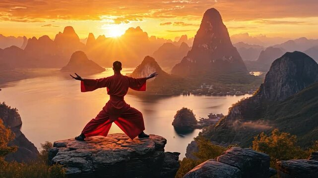 Man in red qipao practicing tai chi on mountaintop overlooking a serene river valley at sunrise. Dramatic lighting on the landscape, with warm orange and golden hues, highlighting the rugged