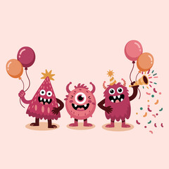 Three quirky monster friends with distinct personalities birthday party celebration