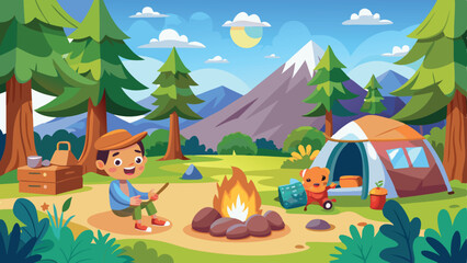 Cartoon Boy and Teddy Bear Camping Near Tent with Campfire by Mountain Range