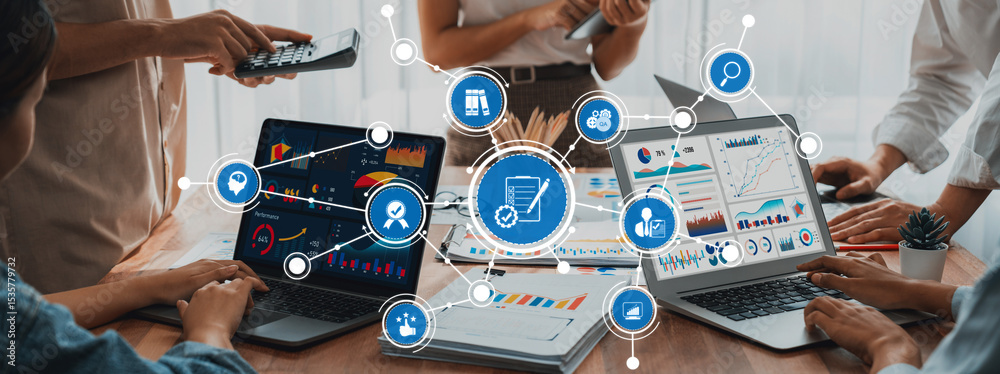 Poster Panorama shot analyst team utilizing BI Fintech to analyze financial report with laptop. Businesspeople analyzing BI power dashboard displayed on laptop screen for business insight. Scrutinize Amity