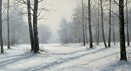 Fototapeta premium Quiet Snowy Forest Under Pale Sky, Oil Painting