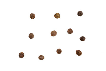 Dry black peppercorns isolated on white background. Pepper corn and spice for recipe or menu. Macro photography