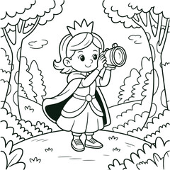 Princess Girl Taking Photos in Forest Coloring Page Cute Cartoon Line Art Illustration for Kids