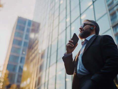 A business person uses a mobile phone in an office to discuss business. This is a view from outside a tall office building.
