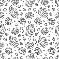 A hand-drawn pattern of sweets, cupcake, cake, a sketch in black ink, a design in the style of sketches, made in the style of doodles.