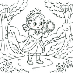 Princess Girl Taking Photos in Forest Coloring Page Cute Cartoon Line Art Illustration for Kids