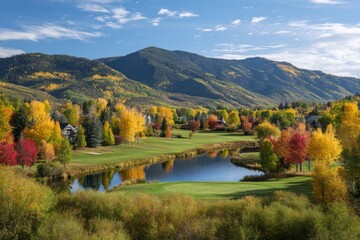 Autumn golf course landscape view on white background