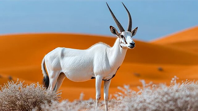 White Antelope in Orange Desert Landscape, Stunning wildlife photograph featuring a white oryx antelope in a vibrant orange desert environment, with a clear sky background