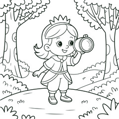 Princess Girl Taking Photos in Forest Coloring Page Cute Cartoon Line Art Illustration for Kids