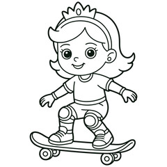 Princess Girl Skateboarding Coloring Page Cute Cartoon Line Art Illustration for Kids