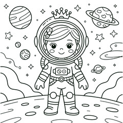 Princess Astronaut Coloring Page Cute Girl in Space Suit Line Art Illustration for Kids © Rozina