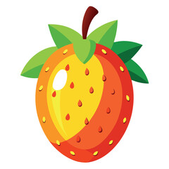 Bright and Vibrant Colorful Strawberry Illustration with Green Leaves and Yellow and Orange Hues