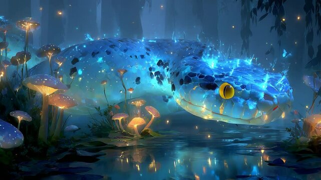 Enchanted blue snake in mystical forest with glowing mushrooms, serene and magical scene