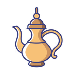 Ornate golden tea pot or coffee pot with decorative design colorful vector icon