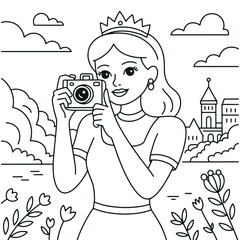 Princess Girl Taking Photos in the City Coloring Page Cute Cartoon Line Art Illustration