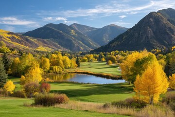 Scenic golf course view in autumn on white background