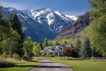 Mountain home with trees and sky on white background