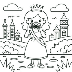 Princess Girl Taking Photos in the City Coloring Page Cute Cartoon Line Art Illustration