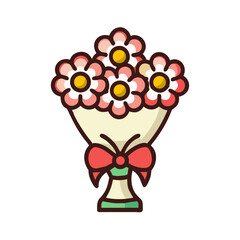 Beautiful bouquet of flowers, pink daisies, with a red bow, vector design colorful vector icon