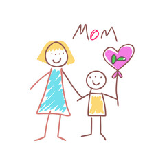 A child's heartfelt drawing of their mother and a heartshaped balloon colorful vector icon