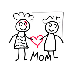 A child's drawing of their mother with a heart that says Mom colorful vector icon