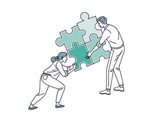 Outlined Vector Icon of Puzzle Pieces Fitting Together – Business Synergy and Cooperation Concept