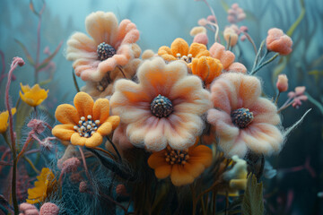Obraz na płótnie Canvas Vibrant Artistic Display of Handcrafted Felt Flowers in Various Colors