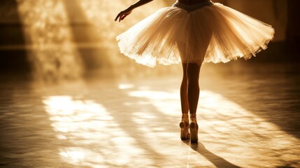 A ballet dancer in a tutu and ballet shoes is dancing in a studio. The light shines from behind. We see the dancer's back.
