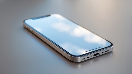 Modern smartphone device featuring reflection on screen laying on a smooth surface
