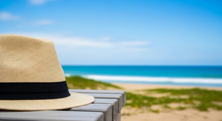 Summer vibes! A stylish fedora hat on a beach, evoking relaxation and vacation by the sea.