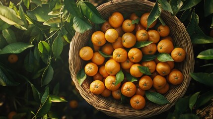 A basket full of tangerines with green leaves, seen from above.
