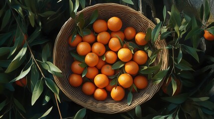 A basket full of tangerines with green leaves, seen from above.
