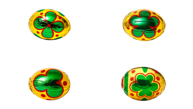 Colorful chocolate candies with clover pattern isolated on white background
