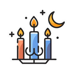 Cartoon illustration of lit candles on a candelabra with a crescent moon colorful vector icon