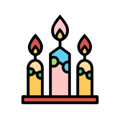 Three colorful candles standing on a red candle holder in illustration style colorful vector icon