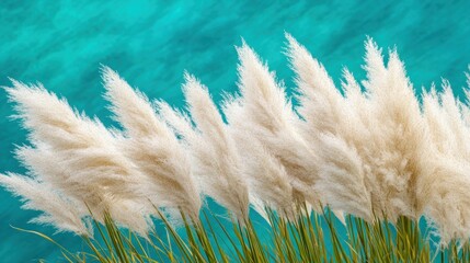 Fluffy ornamental grasses against a turquoise backdrop.