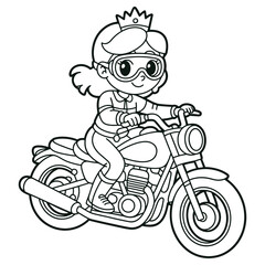 Obraz premium Princess Girl Riding Motorcycle Coloring Page Cute Cartoon Line Art Illustration for Kids