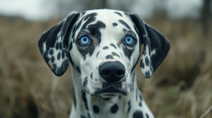 A Dalmatian dog with one blue eye stands in a field. This dog has different colored eyes, a condition called heterochromia iridum. It's in Germany, Europe.
