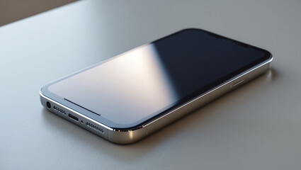 Modern smartphone with sleek design lying on a simple light gray surface close up
