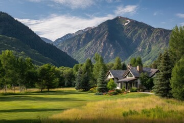 Mountain home landscape scenic view on white background