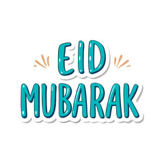Cartoonish Eid Mubarak illustration with blue letters on a transparent background colorful vector icon