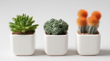 Three small succulents in white pots isolated on white background